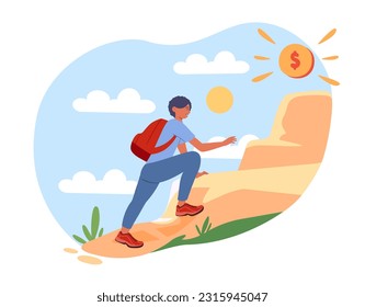 Boy goes to top concept. Teenager with backpack climbs up hills with gold coin. Motivation and leadership. Entrepreneurship and start up, business project. Cartoon flat vector illustration