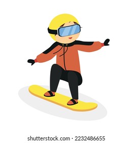 Boy in goggles rides a snowboard