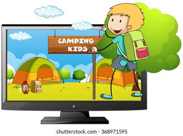 Niño acampando en la ilustración de campo