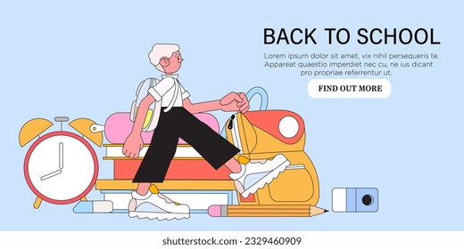 Boy going to elementary or middle school vector illustration. Happy pupil or preschooler. Child with backpack or bag and study supplies. Back to school concept banner, web page or poster.