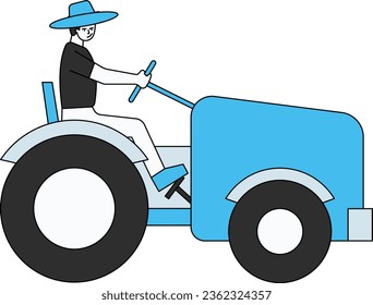 The boy is going to the field on a tractor.