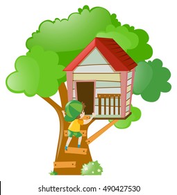 Boy going inside the treehouse illustration
