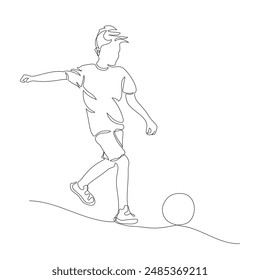 Boy going to kick the ball. Backyard football or soccer game moment. Continuous line drawing. Black and white vector illustration in line art style.