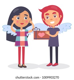 Boy going to present gift box with heart sign to surprised girl, vector illustration greeting card design in Valentine's Day concept, isolated on white