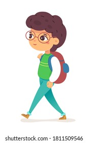 Boy going to school. Cute little child with backpack walking to learn. Smart kid character in glasses smiling. Elementary education for young students vector illustration.