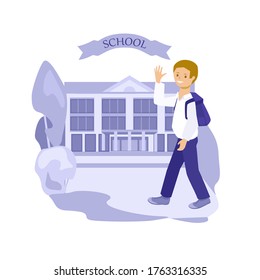 The boy is going to school. Education concept. School building. Vector illustration in cartoon style.