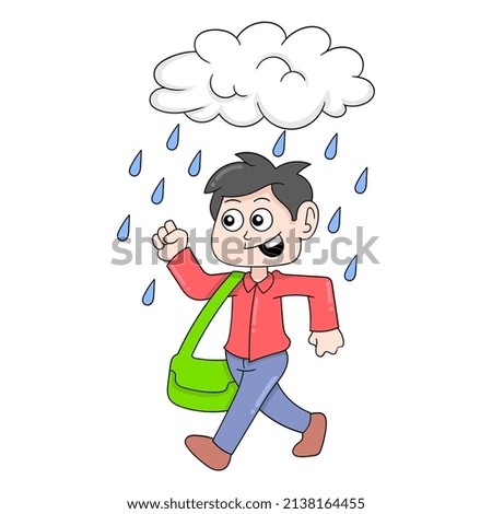 boy is going to school full of enthusiasm even though rainy season, vector illustration art. doodle icon image kawaii.
