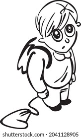 The boy is going to school. He has a sad look. on his back he carries a satchel and a bag for shoes
