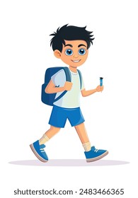 Un chico va a la escuela. Lleva una camisa blanca, pantalones cortos azules y zapatillas azules. Tiene una mochila en la espalda y sostiene un lápiz en la mano derecha. Él sonríe y parece feliz de ir a la escuela.