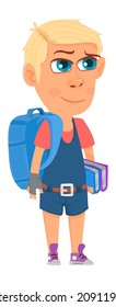Boy going to school. Kid with books and backpack. Cute cartoon character