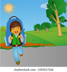 Boy going to school with a large backpack. Vector illustration.
