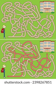 Boy going to school maze for kids with a solution