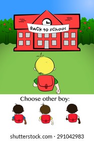 Boy going to school, on background school building with BACK TO SCHOOL sign, apple trees behind school. Four boys different races to choose