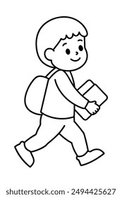  Boy Going to School Vector Line Art Illustration.