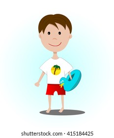 The boy is going swimming with inflatable circle