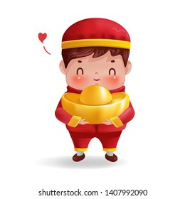Boy and gold. Children carrying gold. Kid personality in red cheongsam dress.Cute traditional. Chinese New Year. 