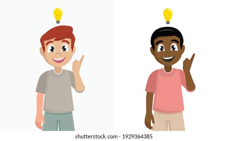 Junge mit einer guten Idee. Kluge Kinder, die etwas zeigen. positive Emotionen,