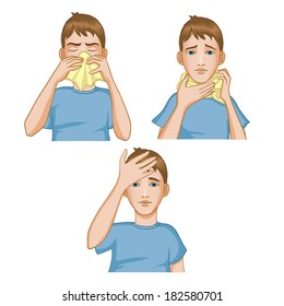 Boy got cold. Three vector images of a little boy complaining about headache, sore throat and cold. Each image shows possible symptoms of a cold.