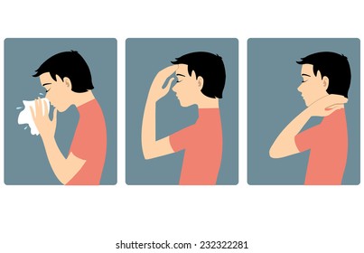 Boy got cold. Three vector image of a boy complaining about headache, sore throat and cold. Each image shows symptoms of a cold 