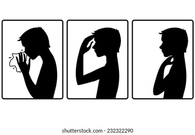 Boy got cold. Three vector image with silhouette of a boy who complains about headache, sore throat and cold. Each image shows symptoms of a cold 