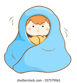 boy got a fever shivering under blanket cartoon