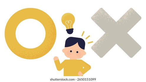 Boy Got an Idea with Light Bulb and Decision Symbols – Vector Illustration of Insight and Understanding