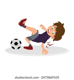 Boy got injured playing football, injured child with broken arm, vector illustration.