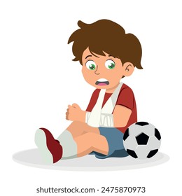 Boy got injured playing football, injured child with broken arm, vector illustration.