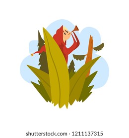 Boy got lost in the forest, child sitting on a tree and blowing into a pipe vector Illustration on a white background