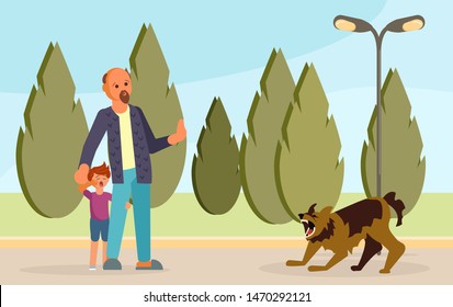 Boy got scared of the angry dog and hid behind his father. Huge homeless aggressive mongrel attacks people. Flat Art Vector illustration