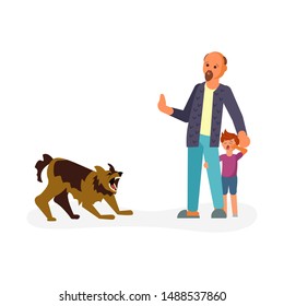 Boy got scared of the angry dog and hid behind his father. Huge homeless aggressive mongrel attacks people. Flat Art Vector illustration