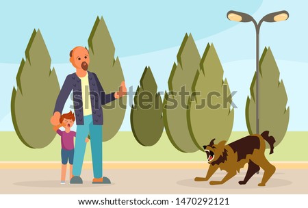 Boy got scared of the angry dog and hid behind his father. Huge homeless aggressive mongrel attacks people. Flat Art Vector illustration