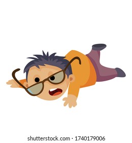 The Boy Got Scared, He Tried Hard To Run Away And Fell, His Glasses Fell Off His Face, Isolated Object On A White Background, Vector Illustration,