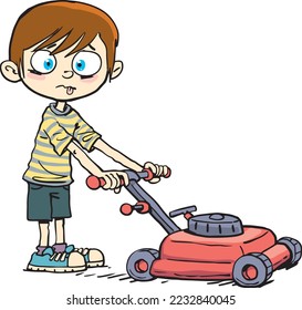 the boy got tired sucking the grass with the lawnmower