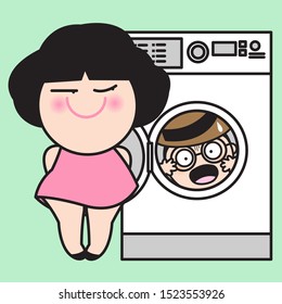 Boy Got Trapped Into Washing Machine By His Wife. The Revenge of The Housewife To A No Hygiene Husband Concept Card Character illustration