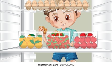 Boy grabbing some food in fridge illustration