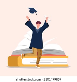 A boy graduates in black coats jumping with happy. and graduating caps flying up in the air. Graduate of educational institution celebrating victory. Vector colorful illustration.