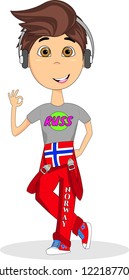 Boy graduating high school in Norway in red overalls with Norwegian flag image."Russ" is a traditional celebration for Norwegian upper secondary school pupils in their final spring semester.