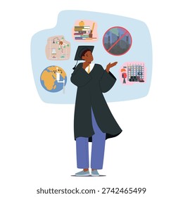 Boy graduating student character thinking about future profession choosing career path among space, chemistry science, languages, construction, but definitely not factory work vector illustration
