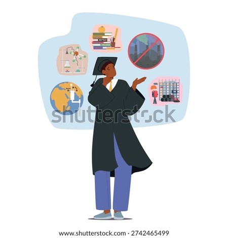 Boy graduating student character thinking about future profession choosing career path among space, chemistry science, languages, construction, but definitely not factory work vector illustration