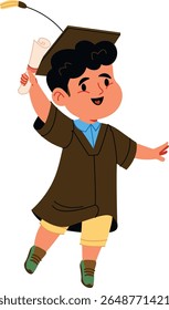 Um menino em um boné de graduação e vestido detém um diploma com uma expressão alegre em um estilo de desenho divertido. A criança salta com emoção, mostrando realizações acadêmicas. Ilustração de vetor de desenhos animados.