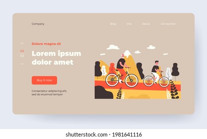 Boy and grandfather cycling together. Old man and grandson riding bicycles in summer flat vector illustration. Family, hobby, sports, leisure concept for banner, website design or landing web page