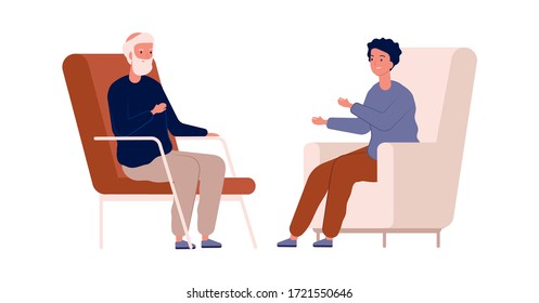 Boy and grandfather. Family talking, men have conversation. Psychotherapy, teenager problems. Elderly mental disorder, demention vector concept