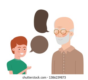 boy and grandfather with speech bubble character
