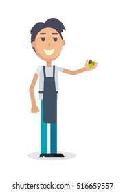 Boy with grapes isolated on white. Winemaker gather the harvest. Man propose grapes. Viticulture. Wine degustation. Winemaking concept. Shop assistant sale grape in flat style design. Vector