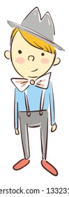 Un niño con un sombrero de color gris con mejillas de color rosa con una camisa azul, corbata de arco y pantalones de saltador grises, dibujos animados, vectores, dibujos a color o ilustración.