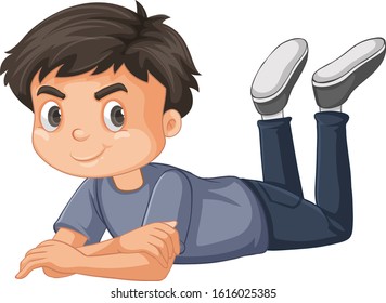 Boy in gray shirt laying down on white background illustration