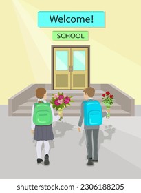 A boy in a gray suit with a backpack and a girl in a white blouse and black skirt and with a backpack with bouquets of flowers go to school. First graders go to school. Education. Vector illustration.