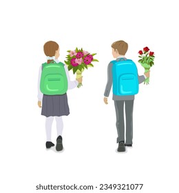 A boy in a gray suit with a backpack and a girl in a white blouse and black skirt and with a backpack with bouquets of flowers on a white isolated background. First graders. Vector illustration.