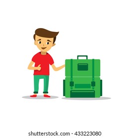 Boy and green backpack. Vector. Boy and travel.